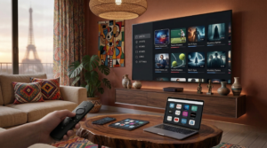 Apollo Group TV IPTV streaming on smart TV with Firestick, smartphone, tablet and laptop showing live TV channels and movies